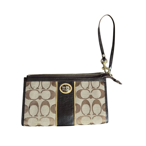 Coach Signature Canvas Wristlet Brown Logo Zip Pouch with Leather Trim - Picture 1 of 4